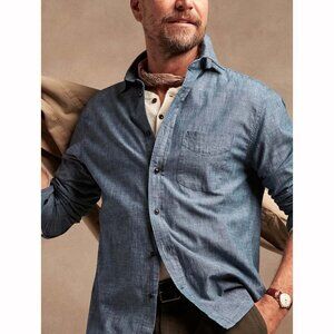 Banana Republic Men Untucked Standard-Fit Chambray Blue Button-Down Shirt Medium
